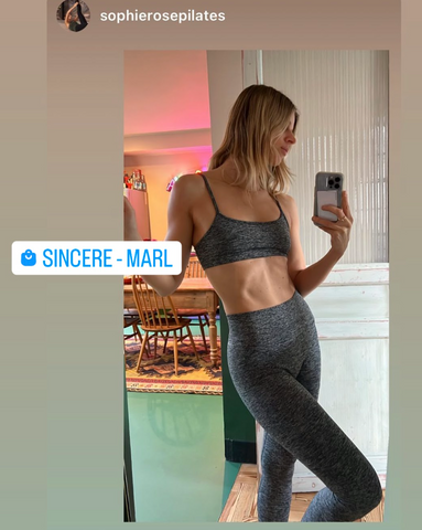 Sophie Rose-Harper wearing prism squared  SINCERE top paired with prism london LUCID leggings in Marl 