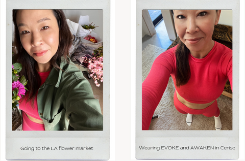 Amy Chin wearing Prism squared london EVOKE cerise top and Awaken cerise bright pink leggings 