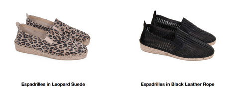 prism london espadrilles in leopard suede and in  black leather rope