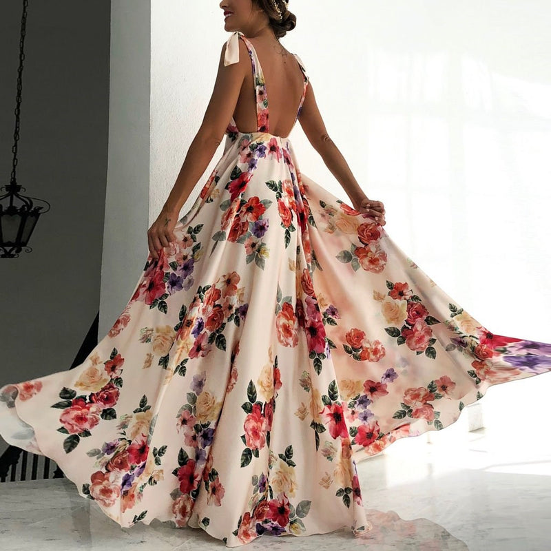 floral deep v neck backless maxi dress