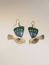 Load image into Gallery viewer, Gree Turquoise Gold enamel hand painted wood earrings