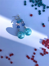 Load image into Gallery viewer, Aqua blue crackled glass sphere and blue, white, green rose cut glass beads on silver stud earring