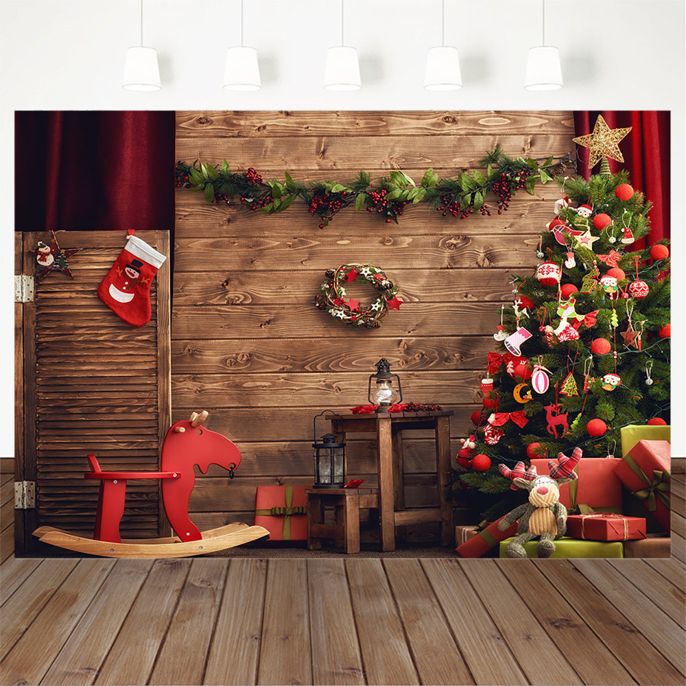 Christmas Backdrop Wood Wall Wreath photography Backdrops Christmas Tr ...