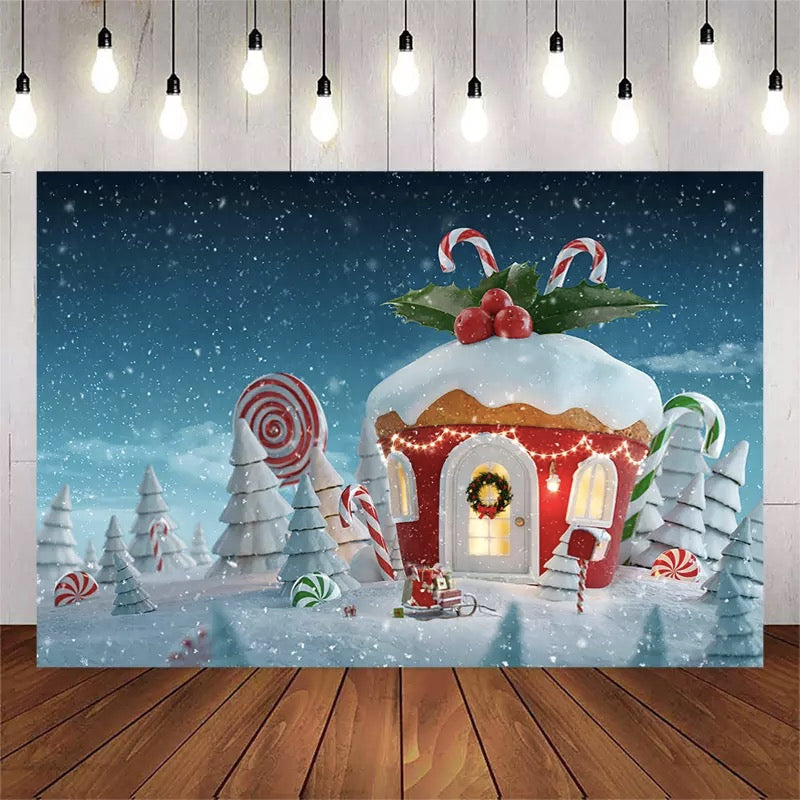 Christmas Candy House Backdrop Winter Snowflake Fairy Tale Photo Backg ...