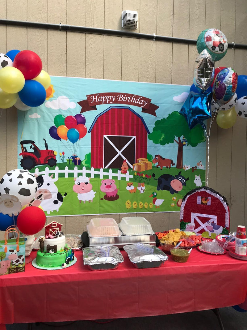 Cartoon Farm Theme Barn Domestic Animals Rustic Happy Birthday kids Ba –  dreamybackdrop
