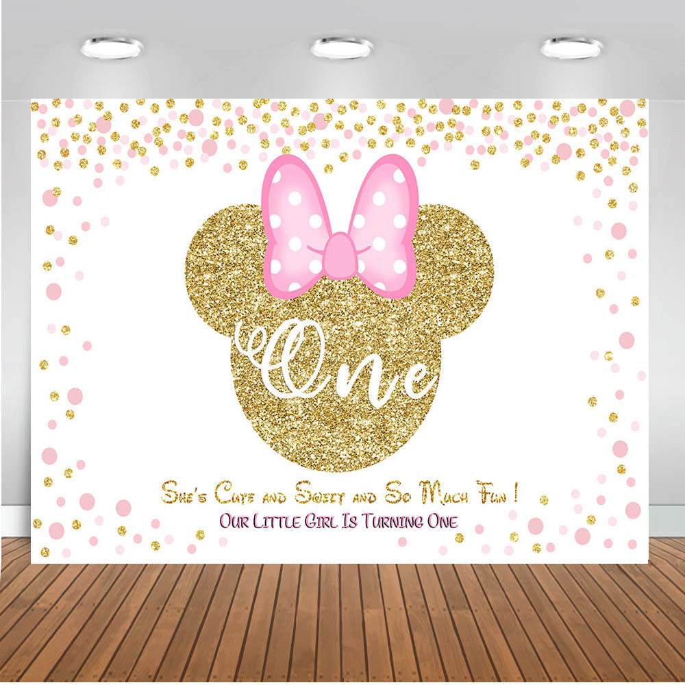 Pink minnie mouse backdrop gold glitter 1st birthday party background –  dreamybackdrop