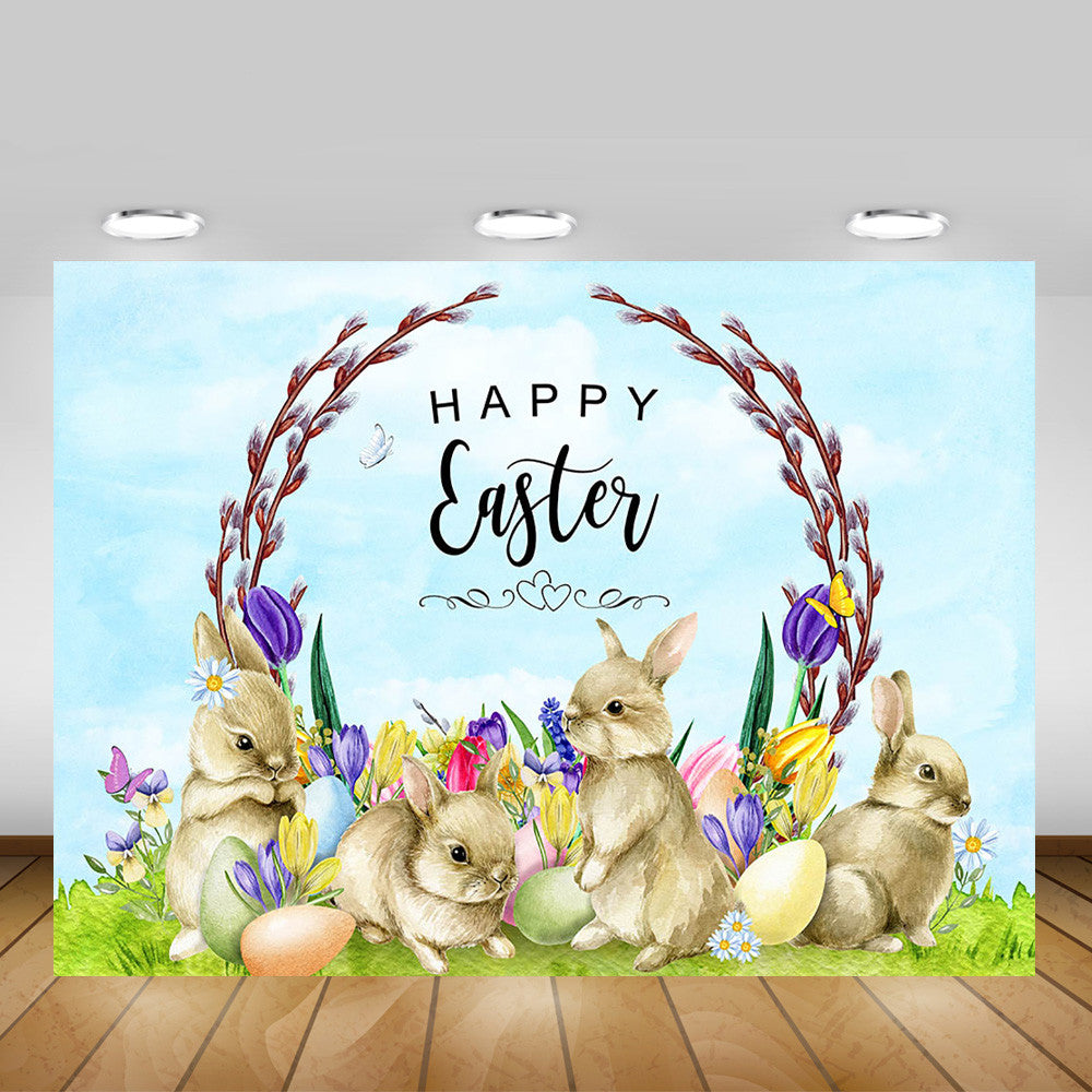 Happy Easter Party Backdrop Decoration Easter Eggs Cute Rabbit Flowers ...