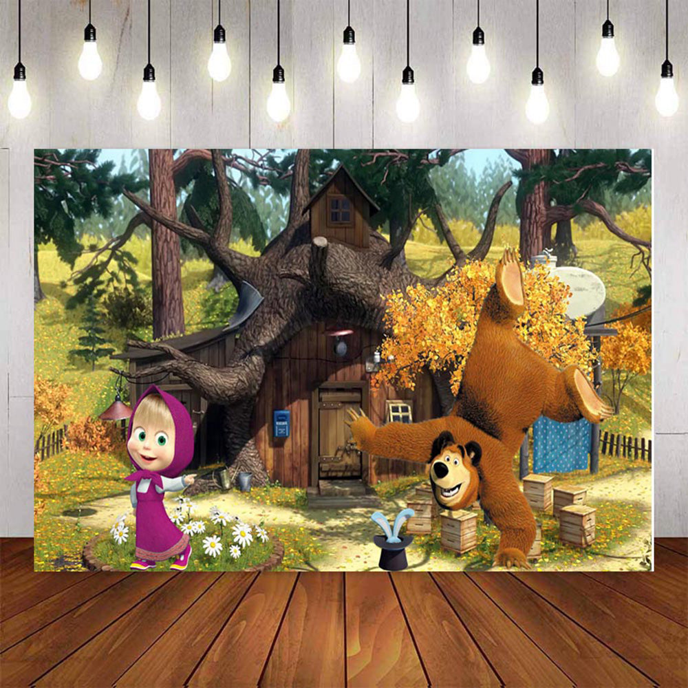 Photography Background Cartoon Masha And Bear Vinyl Baby Birthday Part