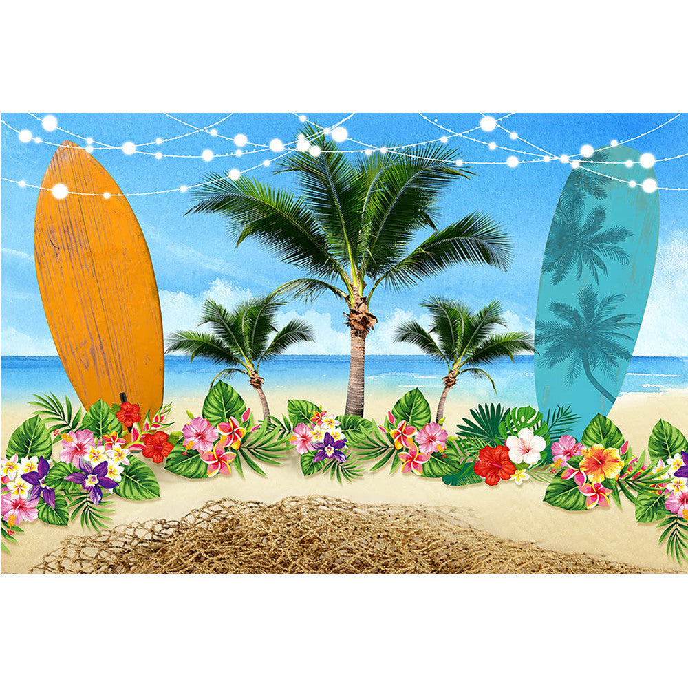 Sea Beach Summer Party Backdrop Tropical Flowers Surfboard Seaside Alo ...