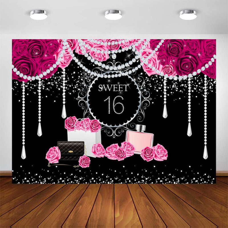Sweet Sixteen Birthday Background PINK Sweet 16 Party Banner Girl Blin –  dreamybackdrop