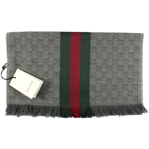 Gucci Scarf Gray Red Green Stripes GG Wool Silk Shawl - Como Milano