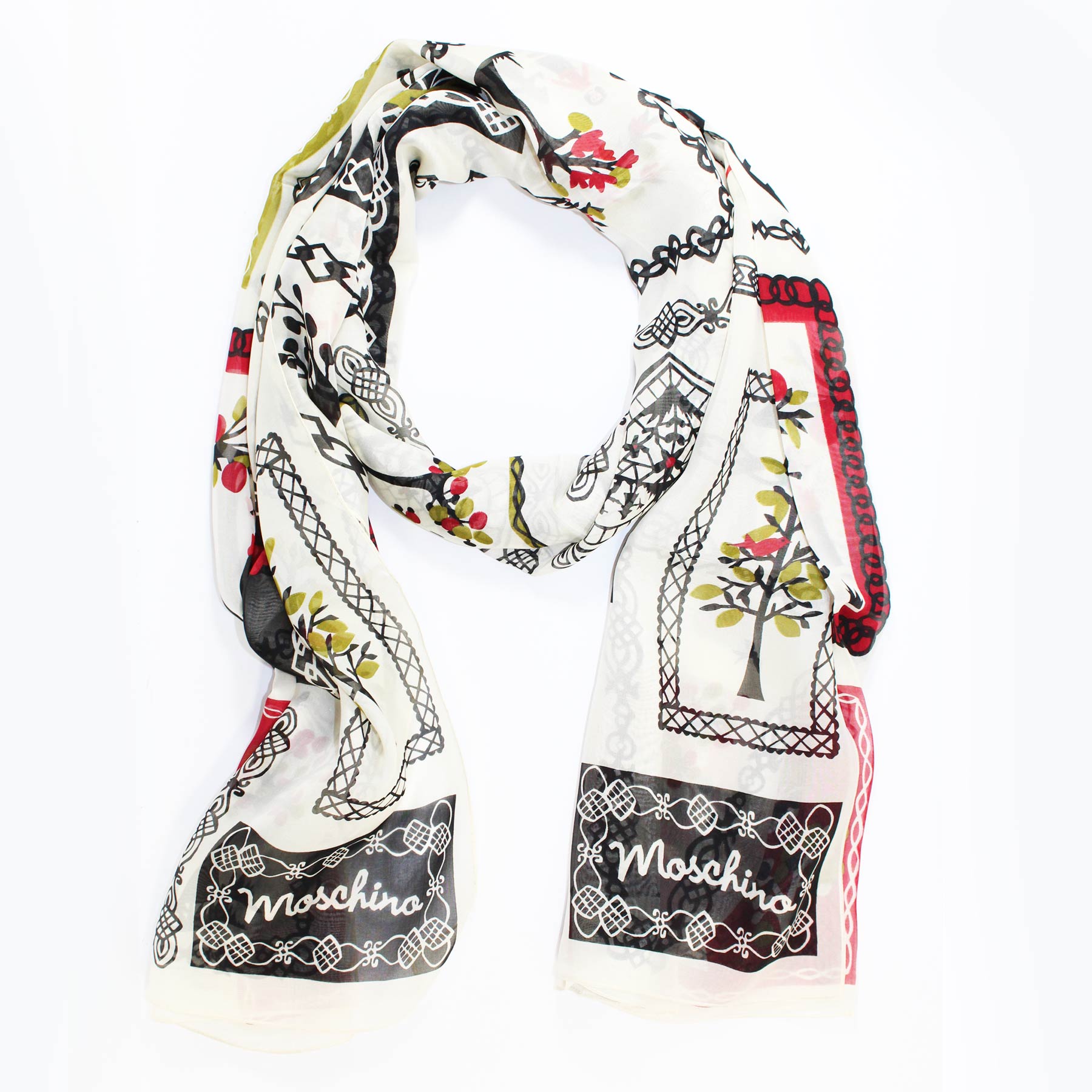 Moschino Silk Scarf Olive Oil Hearts 