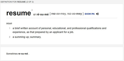 Dictionary.com Spelling of Resume for a Job