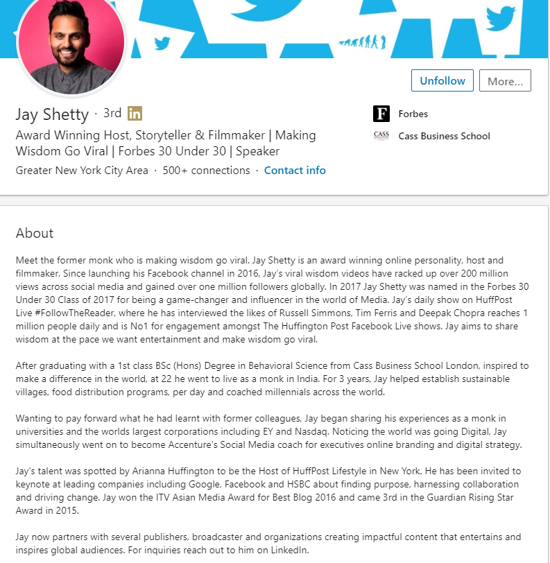 LinkedIn Bio Example - Jay Shetty