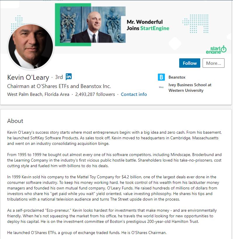 Kevin O'Leary - Entrepreneur LinkedIn Summary Example