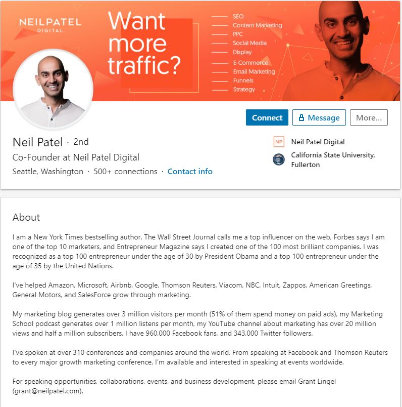 Neil Patel - SEO Expert - LinkedIn Summary Example