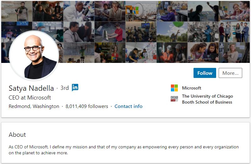Satya Nadella - Microsoft - LinkedIn Summary Example