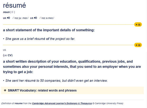 Cambridge Dictionary - Correct Spelling of Resume for a Job