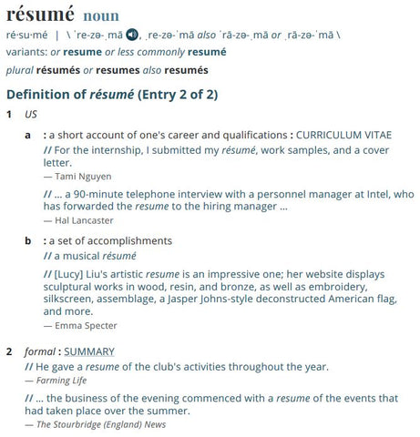 Merriam Webster Spelling of Job Resume