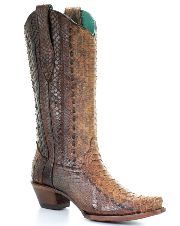 Corral Women S Tan Full Python Woven Cowgirl Boots Snip Toe