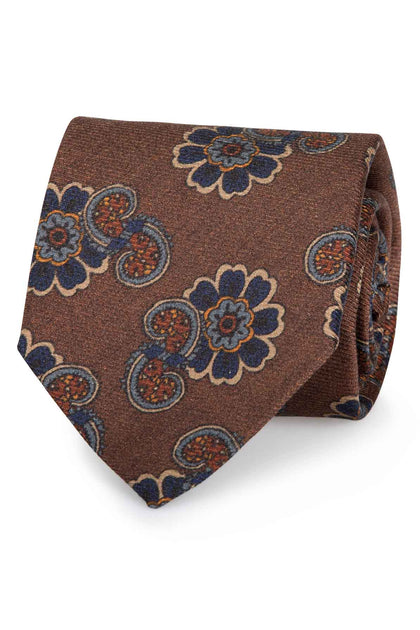 Brown flower & paisley patterned printed silk hand made tie - Fumagall