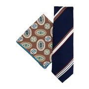 brown pocket square and blue regimental tie
