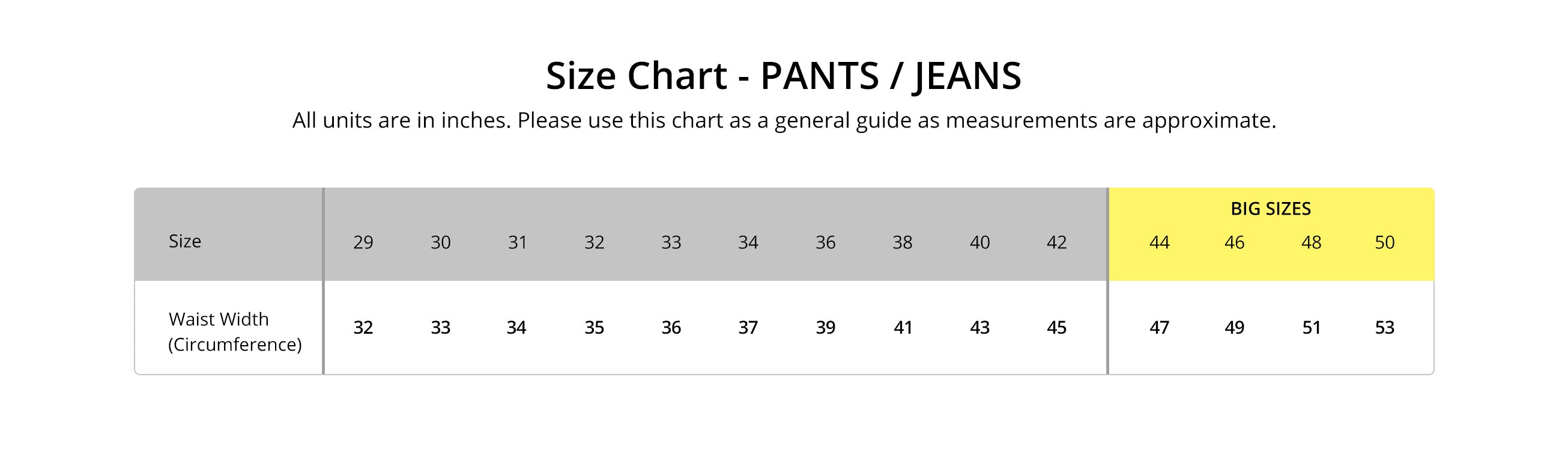 James Size Chart