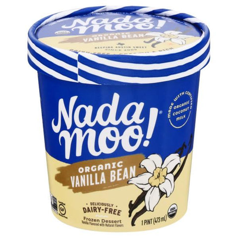 vegan, dairy free, organic, packaged, pint of vanilla bean ice cream 