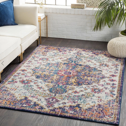 colorful rug with a medallion in the middle.