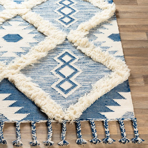 Zoom in on corner of a blue and white, geometric style throw rug with shag accents 