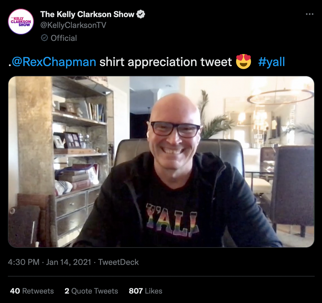 Rex Chapman on The Kelly Clarkson Show wearing KY for KY Pride Y'all Sweatshirt