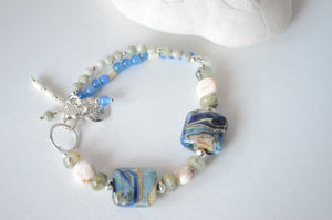 Blue and Green Lampwork Bracelet with Sterling Silver Shell Charm