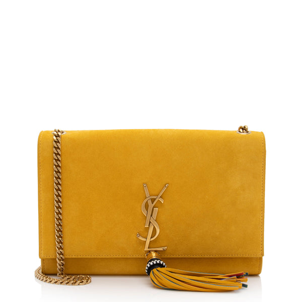 Saint Laurent Gold Embossed Leather Monogram Kate Tassel Clutch