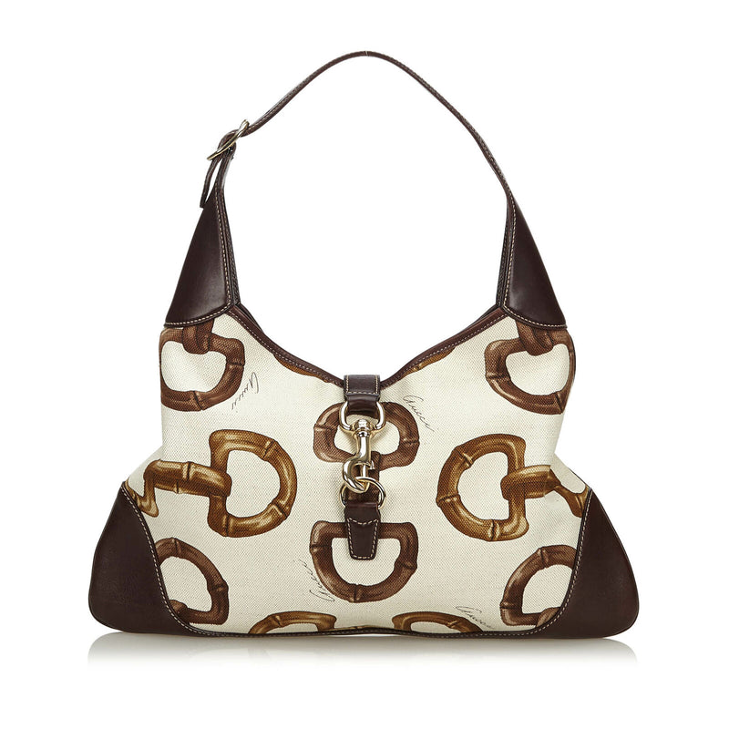 Pre-Loved Gucci White Canvas Fabric Horsebit Print Jackie Shoulder Bag Italy – LuxeDH