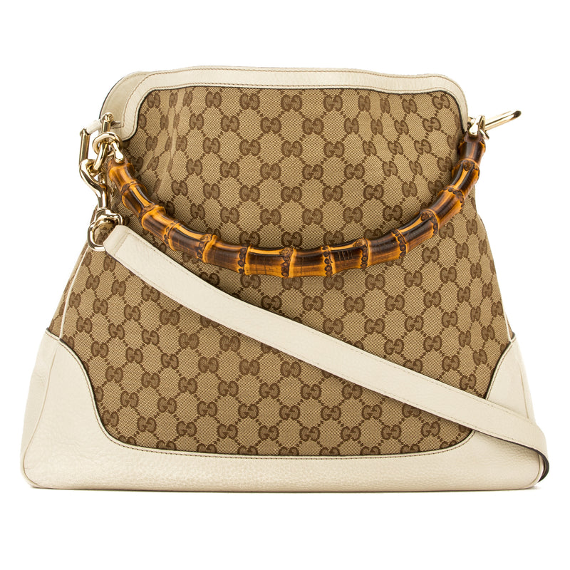 Gucci Ivory Leather GG Supreme Canvas Bamboo Hobo Bag (Pre Owned) – LuxeDH