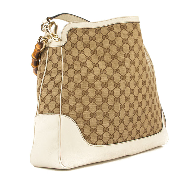 Gucci Ivory Leather GG Supreme Canvas Bamboo Hobo Bag (Pre Owned) – LuxeDH