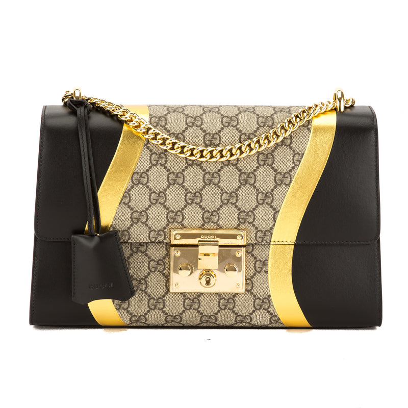 Gucci Black/Metallic Gold Leather GG Supreme Canvas Padlock Shoulder B – LuxeDH