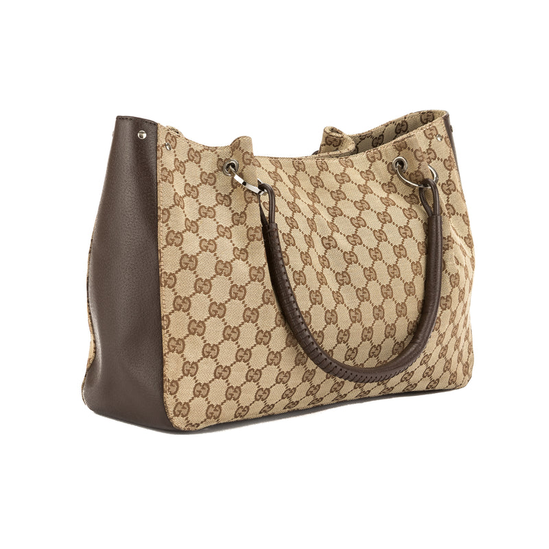 Gucci Brown Leather GG Monogram Canvas Tote Bag (Pre Owned) – LuxeDH