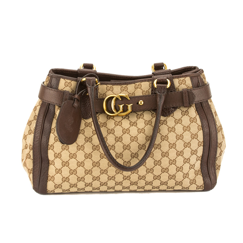 Gucci Brown Leather GG Monogram Canvas Tote Bag (Pre Owned) – LuxeDH