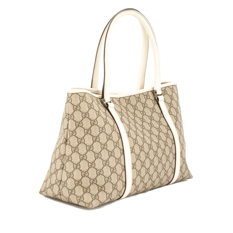 Gucci Creme Leather GG Monogram Canvas Shopping Tote Bag (Pre Owned) – LuxeDH