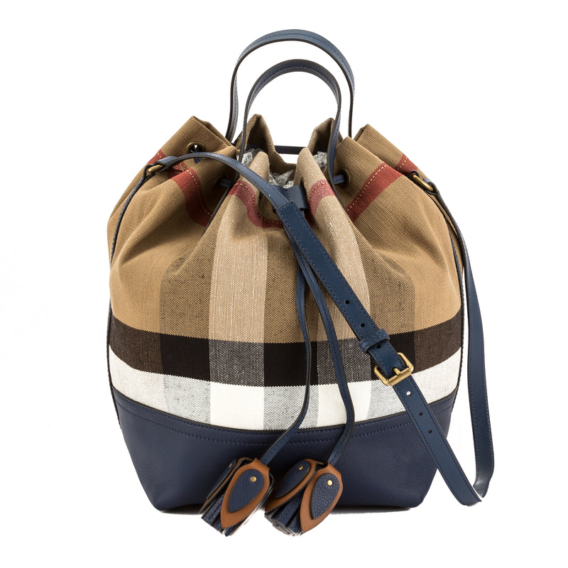 Burberry Brilliant Navy Leather and Canvas Check Small Bucket Bag (New – LuxeDH