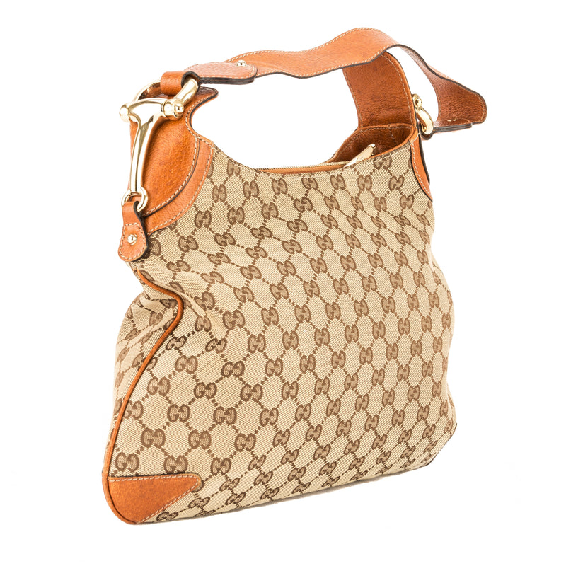 Gucci Tan Leather GG Monogram Canvas Creole Hobo Bag (Pre Owned) – LuxeDH