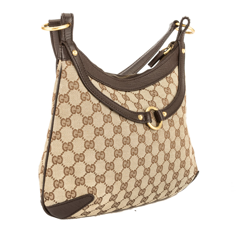 Gucci Brown Leather GG Monogram Canvas Horsebit Shoulder Bag (Pre Owne – LuxeDH