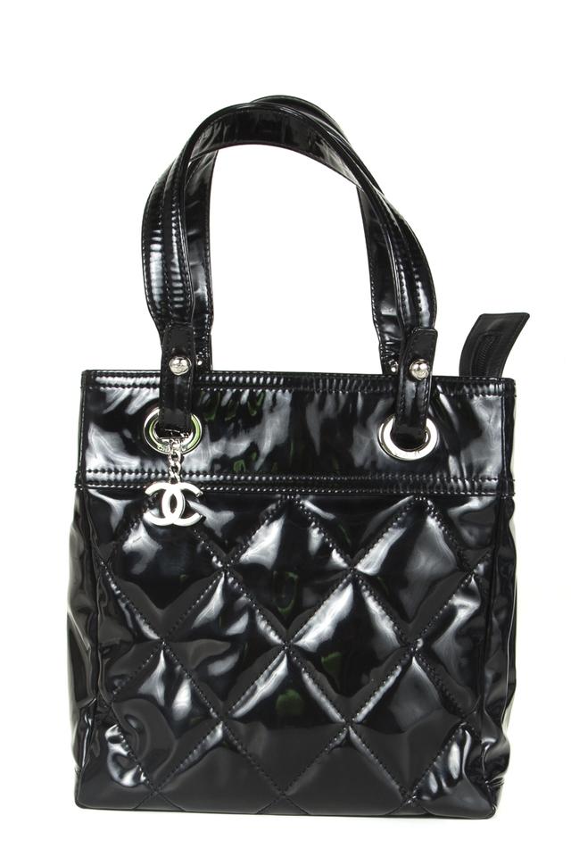 black patent leather tote bag