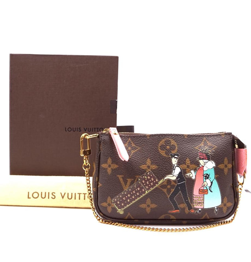 Louis Vuitton Pochette Gold Chain Wristlet Cosmetic Baguette Brown Multicolor Monogram Canvas ...