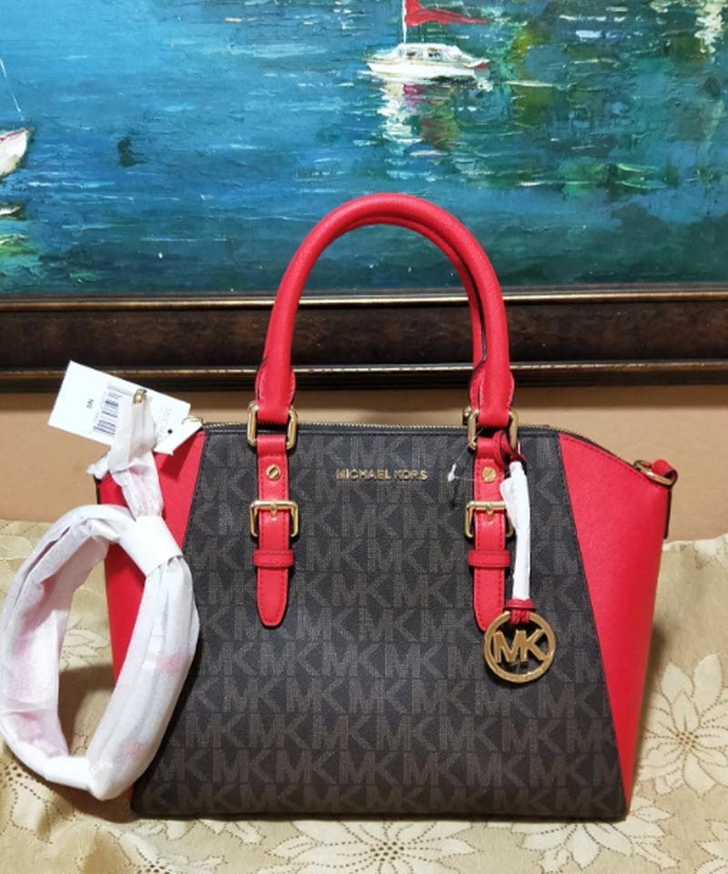 michael kors red and brown handbag