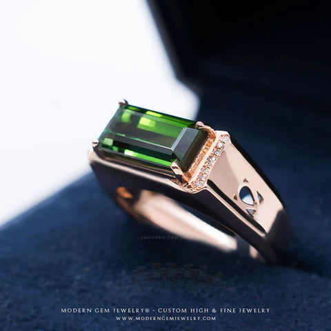 Green Tourmaline Engagement Ring & Diamonds In Rose Gold