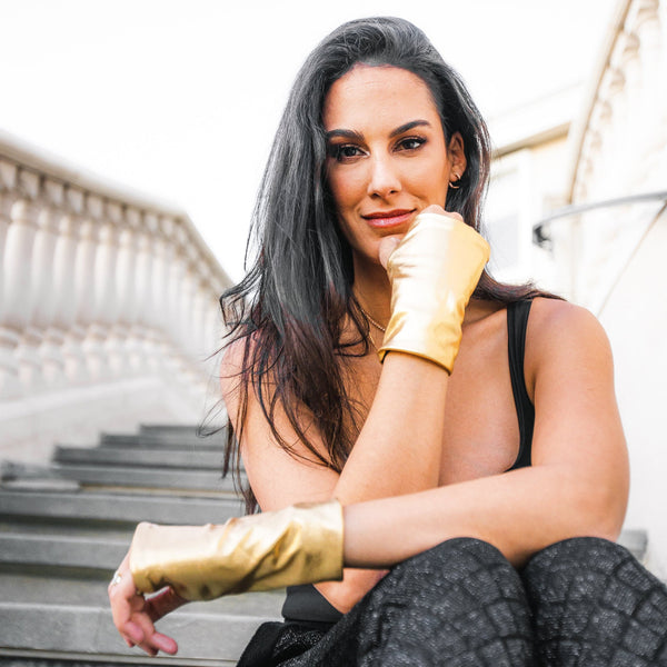 Woman wearing Gold Gloves