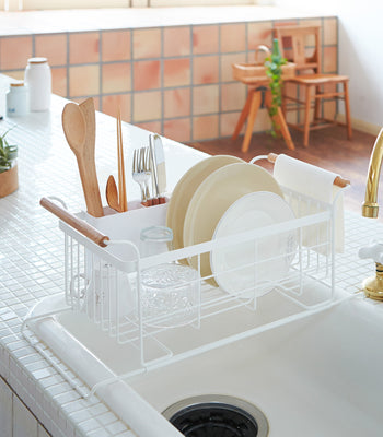 Yamazaki Home Wood-Handled Dish Rack with Drainage Tray, 2 Colors