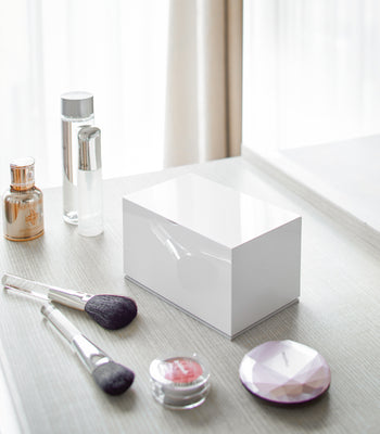 Yamazaki Home Makeup Organizer with Mirror - Steel + Wood - White